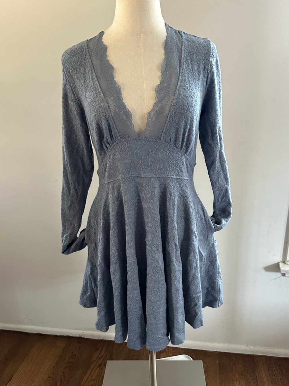 Free People Slate Blue Mini Dress Pockets Soft Boho Fit & Flare Size M NWT